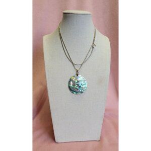 Silver Tone Long Chain Round Abalone Shell Pendant Necklace N1F